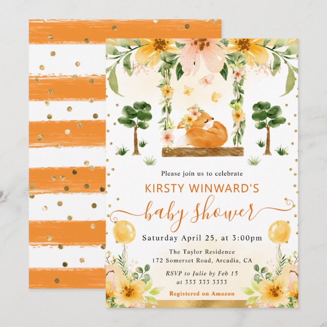 Akvarell Söt Blommig Räv Baby Shower Inbjudningar (Fram/baksida)