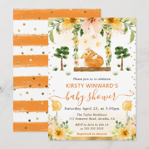 Akvarell Söt Blommig Räv Baby Shower Inbjudningar