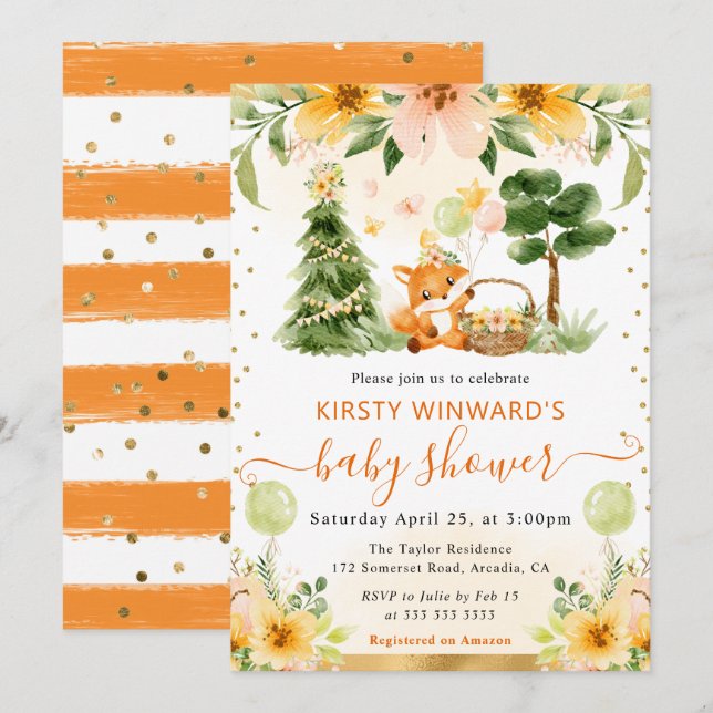 Akvarell Söt Blommig Räv Baby Shower Inbjudningar (Fram/baksida)