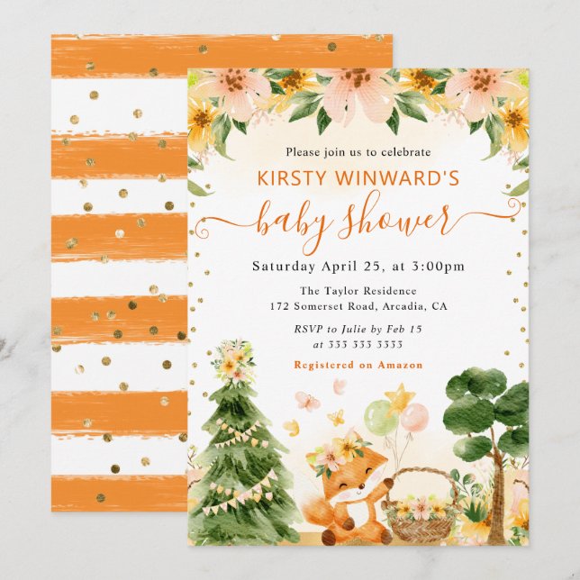 Akvarell Söt Blommig Räv Baby Shower Inbjudningar (Fram/baksida)