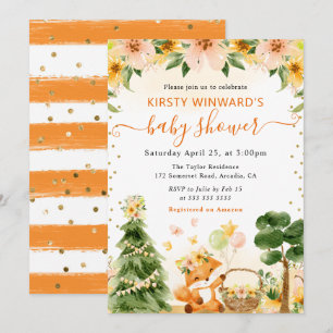 Akvarell Söt Blommig Räv Baby Shower Inbjudningar