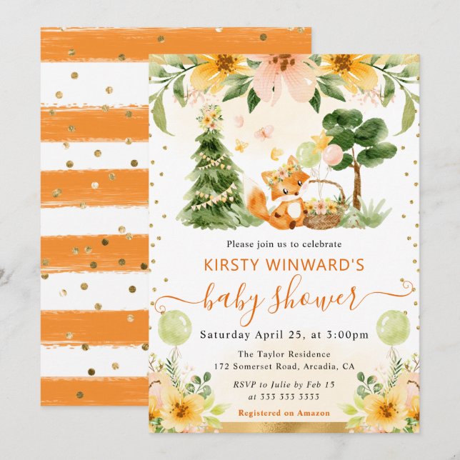 Akvarell Söt Blommig Räv Baby Shower Inbjudningar (Fram/baksida)