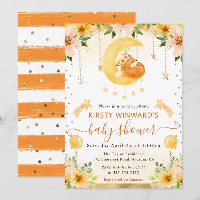 Akvarell Söt Blommig Räv på Månen Baby Shower Inbjudningar (Fram/baksida)
