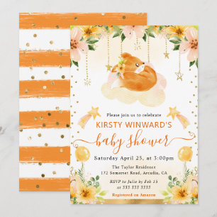 Akvarell Söt Blommig Räv på Moln Baby Shower Inbjudningar