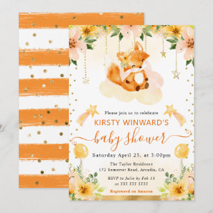 Akvarell Söt Blommig Räv på Moln Baby Shower Inbjudningar