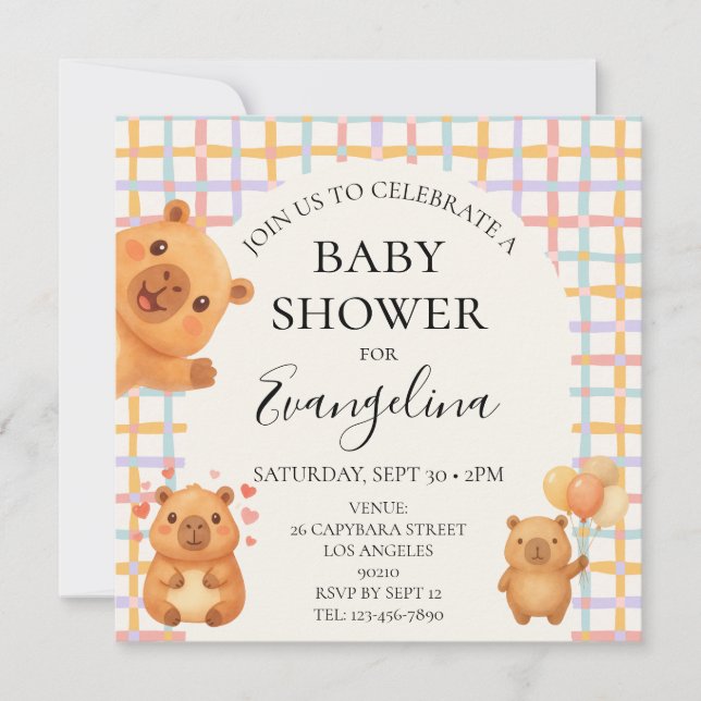 Akvarell Söt Capy Kapybar Babyshower Inbjudningar (Framsida)