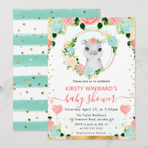 Akvarell Söt Djungel Flodhäst Baby Shower Inbjudningar