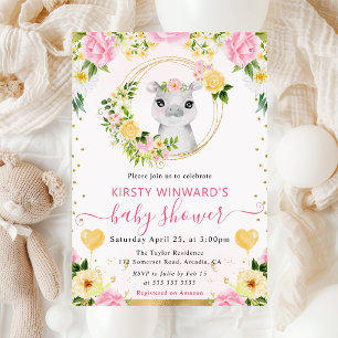 Akvarell Söt Djungel Flodhäst Baby Shower Inbjudningar