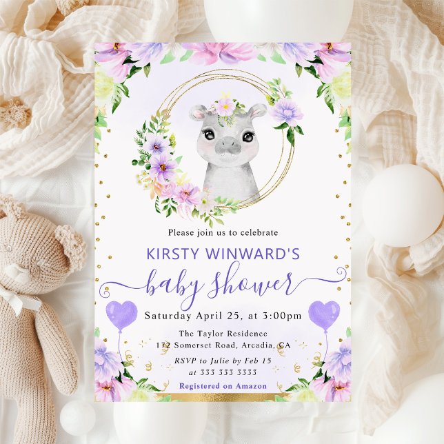 Akvarell Söt Djungel Flodhäst Baby Shower Inbjudningar (Skapare uppladdad)