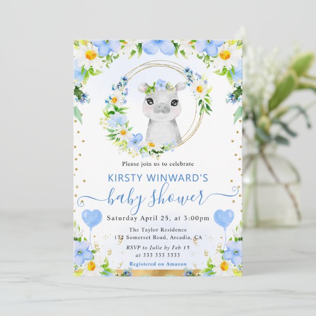 Akvarell Söt Djungel Flodhäst Baby Shower Inbjudningar (Stående Fram)