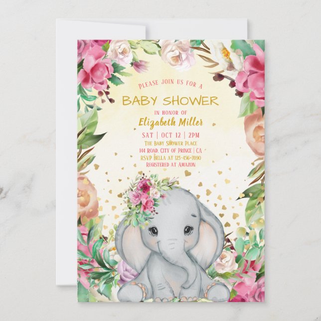 Akvarell Söt Elefant Rosa Blommor Baby Shower Inbjudningar (Framsida)