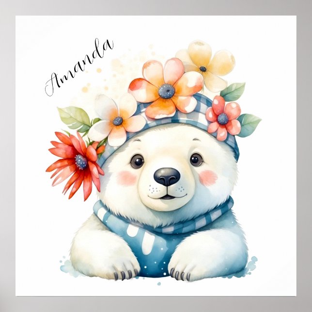 Akvarell Söt Isbjörn med Blommor Poster (Framsidan)