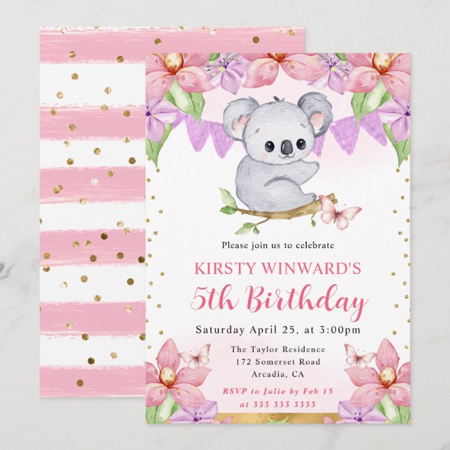 Akvarell Söt Koala & Tropiska Blommor Födelsedag Inbjudningar (Fram/baksida)