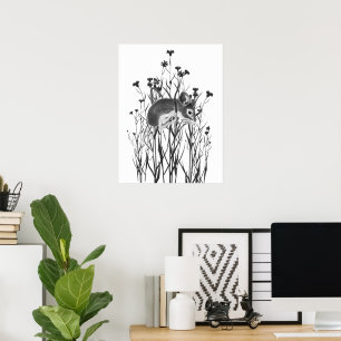 Akvarell Söt Liten Mus Hänger i Blommor Poster