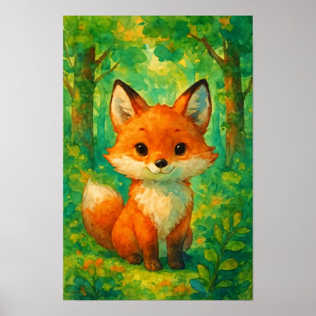 Akvarell Söt Räv Skogsillustration Barnkammare Poster (Framsidan)