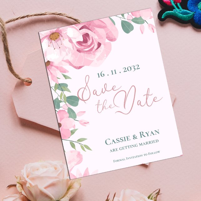 Akvarell Söt Rosa Blommig Bröllop Spara Datum (Watercolor Cute Pink Floral Wedding Save the Date)