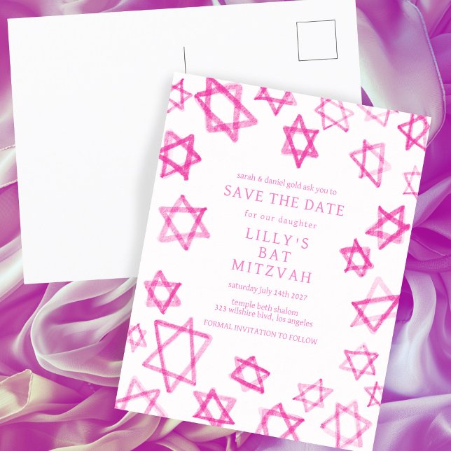 Akvarell Söt Rosa Davidstjärna Bar Bat Mitzvah Meddelande Vykort (Watercolor Cute Pink Star of David Bar Bat Mitzvah Save the Date Announcement Postcard
)