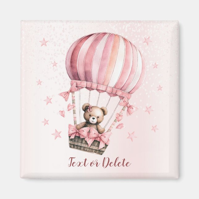 Akvarell Söt Rosa Teddybjörn Varm Luft Ballong Magnet (Framsidan)