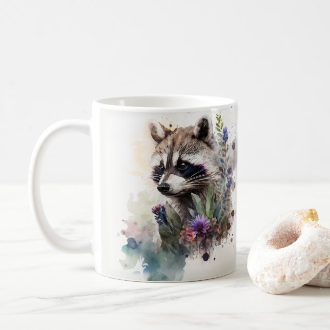 Akvarell Söt Tvättbjörn Vårblommor         Kaffemugg (Med munk)