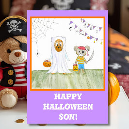 Akvarell söta teddybjörnar glad halloween son kort