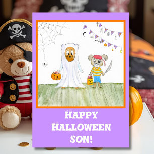 Akvarell söta teddybjörnar glad halloween son kort