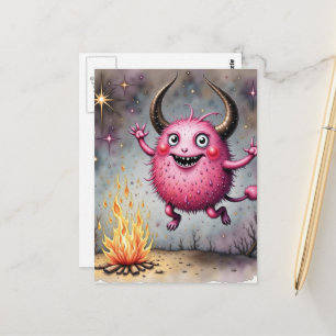 Akvarell Sött Rosa Monster och en Lägeld Vykort