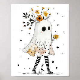 Akvarell Spöke & Solrosar Whimsical Halloween Poster