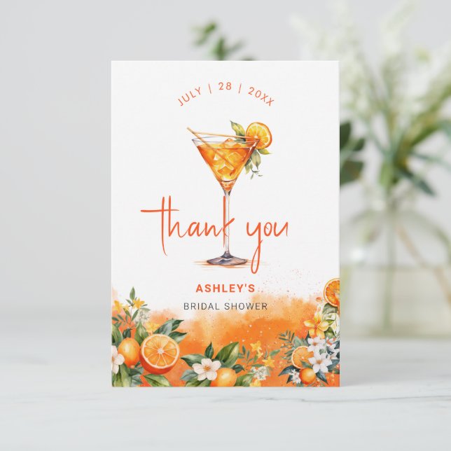 Akvarell Spritz Orange Blommor Bröllopsdusch Tack Kort (Stående Fram)