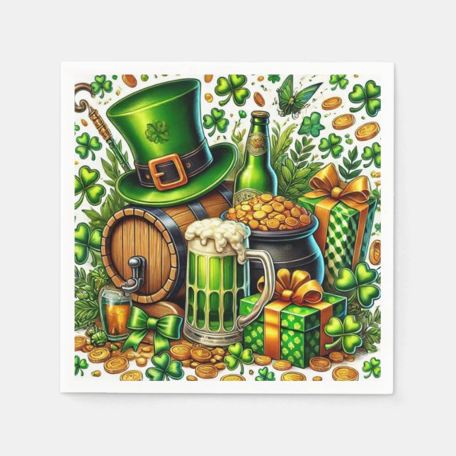 Akvarell St Patrick's Day Öl, Mynt & Shamrock Pappersservett (Framsidan)