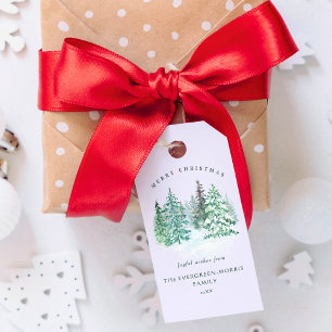Akvarell städsegrön skog God Jul Presentetikett