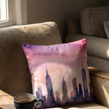 Akvarell Stadspanorama Indigo Pastell Rosa NY Silu