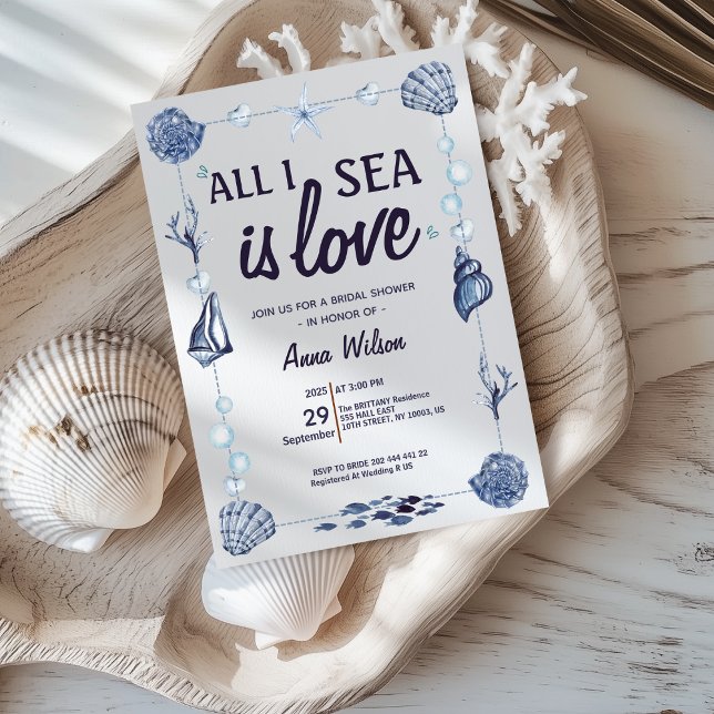 Akvarell Strand Allt jag ser är kärlek Bröllopsdus Inbjudningar (All I Sea Is Love ocean beach summer coastal nautical watercolor bridal shower wedding under the sea)