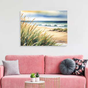 Akvarell Strand Gräs och Havs Scen Canvastryck