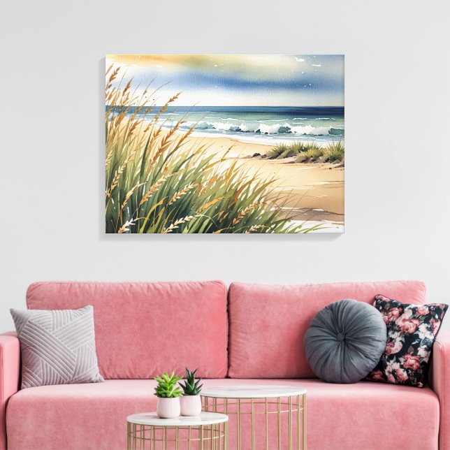 Akvarell Strand Gräs och Havs Scen Canvastryck (Insitu (Vardagsrum))
