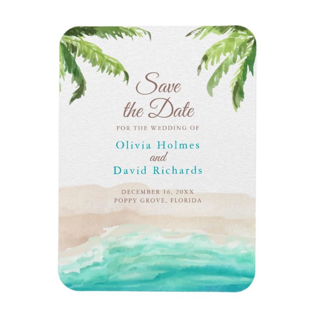 Akvarell Strand och Palmblad Save the Date Magnet (Vertikal)