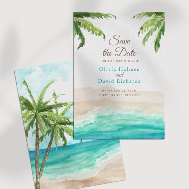 Akvarell Strand & Palmträd Bröllop Spara Datumet (Watercolor Beach and Palm Leaves Save the Date on a white table.)