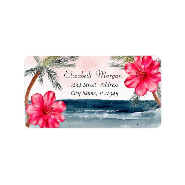 Akvarell Strand,Palmträd,Hibiskus Adressetikett (Framsidan)