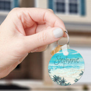 Akvarell Strand Tropiskt Namn Monogram Nyckelring