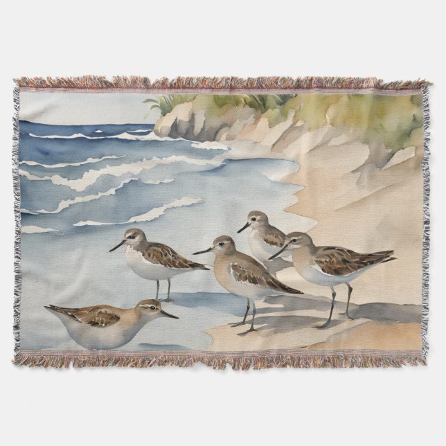 Akvarell Strandscen Sandpipers Havsfåglar Filt (Framsidan)