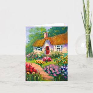Akvarell stuga och blommor anpassningsbara kort