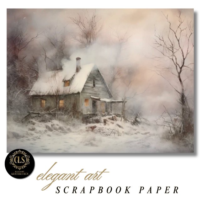 Akvarell stugalandskap Scrapbookpapper  (Scrapbook Paper – Vintage Cottage in Watercolor)