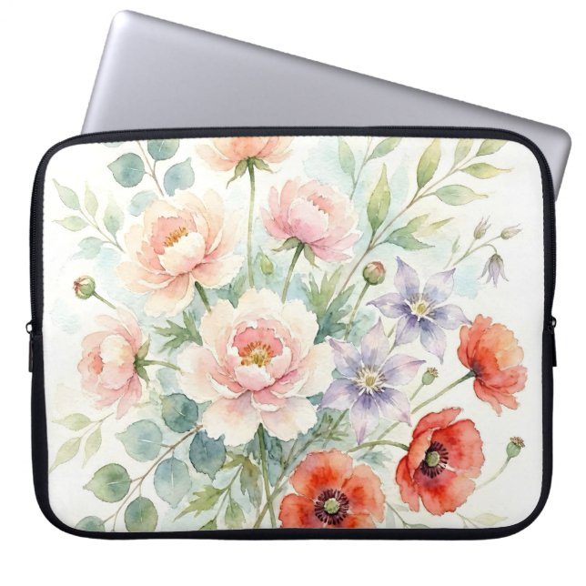 Akvarell Stugträdgård Vildblomsbukett Laptop Fodral (Framsidan)