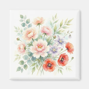 Akvarell Stugträdgård Vildblomsbukett Magnet