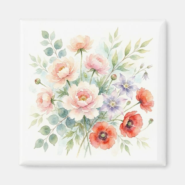 Akvarell Stugträdgård Vildblomsbukett Magnet (Framsidan)