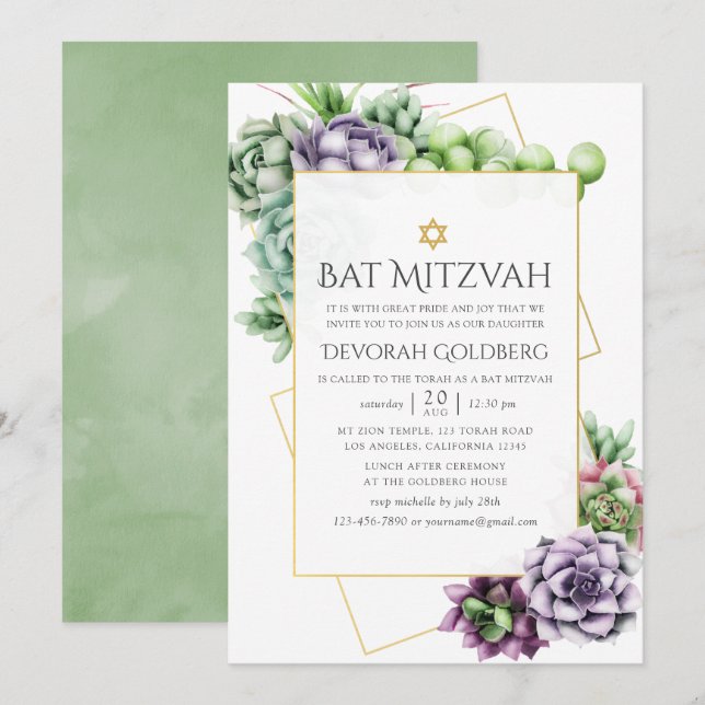 Akvarell Sukkulent Geometrisk Bat Mitzvah Inbjudningar (Fram/baksida)