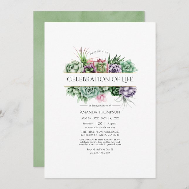 Akvarell Sukkulent Geometrisk Firande av Livet Inbjudningar (Fram/baksida)