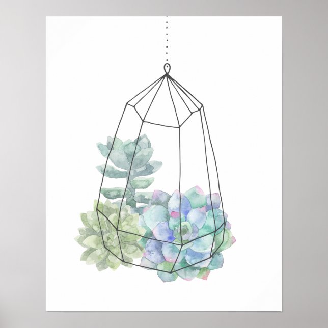 Akvarell Sukkulent Terrarium Handritad Poster (Framsidan)