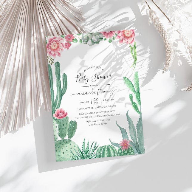 Akvarell Sukkulenter Barnkalas Inbjudningar (Watercolor Succulents Baby Shower Invitation)