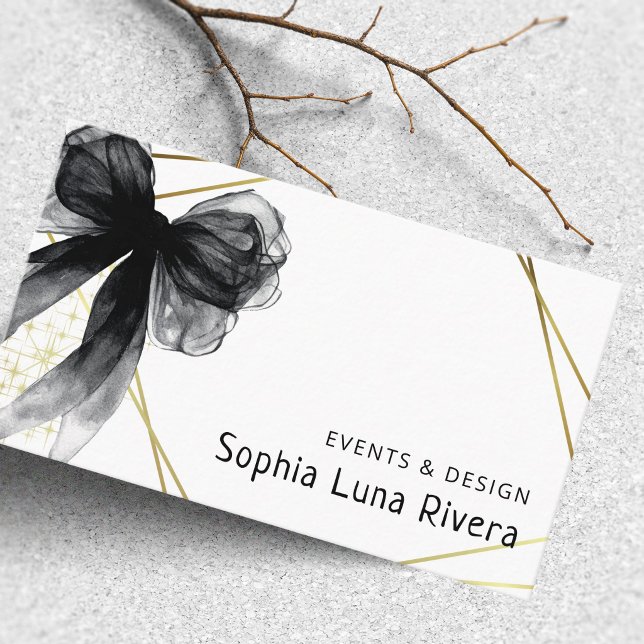 Akvarell Svart Båge Guldaccent Feminint Visitkort (Watercolor Black Bow Gold Accent Feminine Business Card)