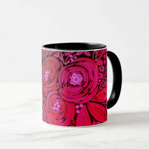 akvarell svart brun blomster mönster svart, mugg